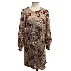 NWT Women's CeCe Gold Sequin Metallic Red Flowers Long Sleeves A Line Dress Sz 8